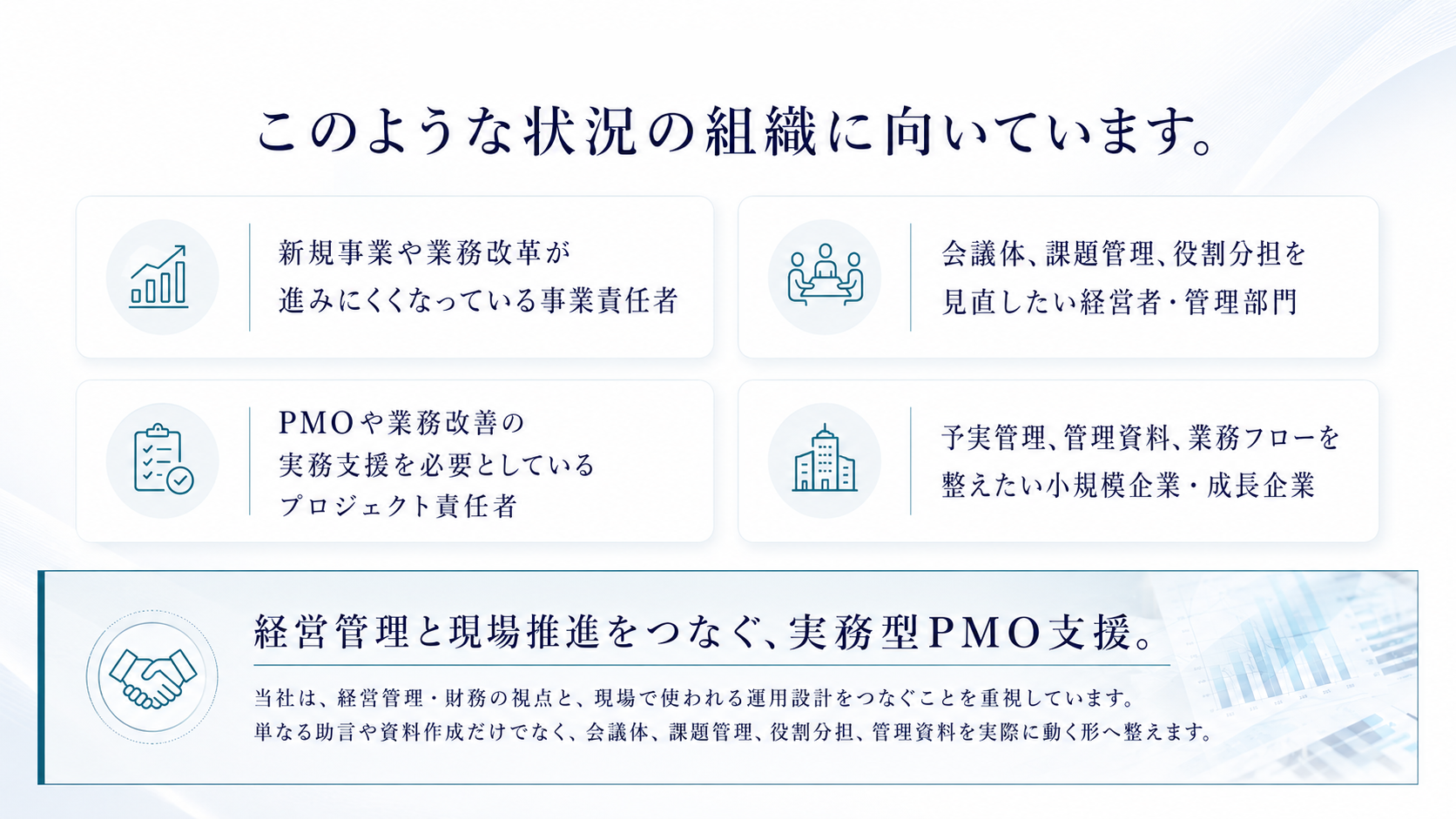 新規事業、業務改革、会議体、課題管理、予実管理を整えたい組織に向けた実務型PMO支援